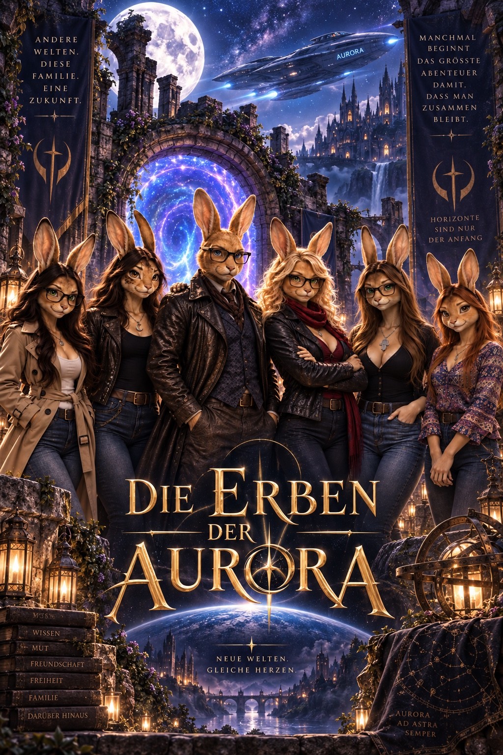 Die Erben der Aurora – Gruppenmotiv mit Aurora, Portal und Mond