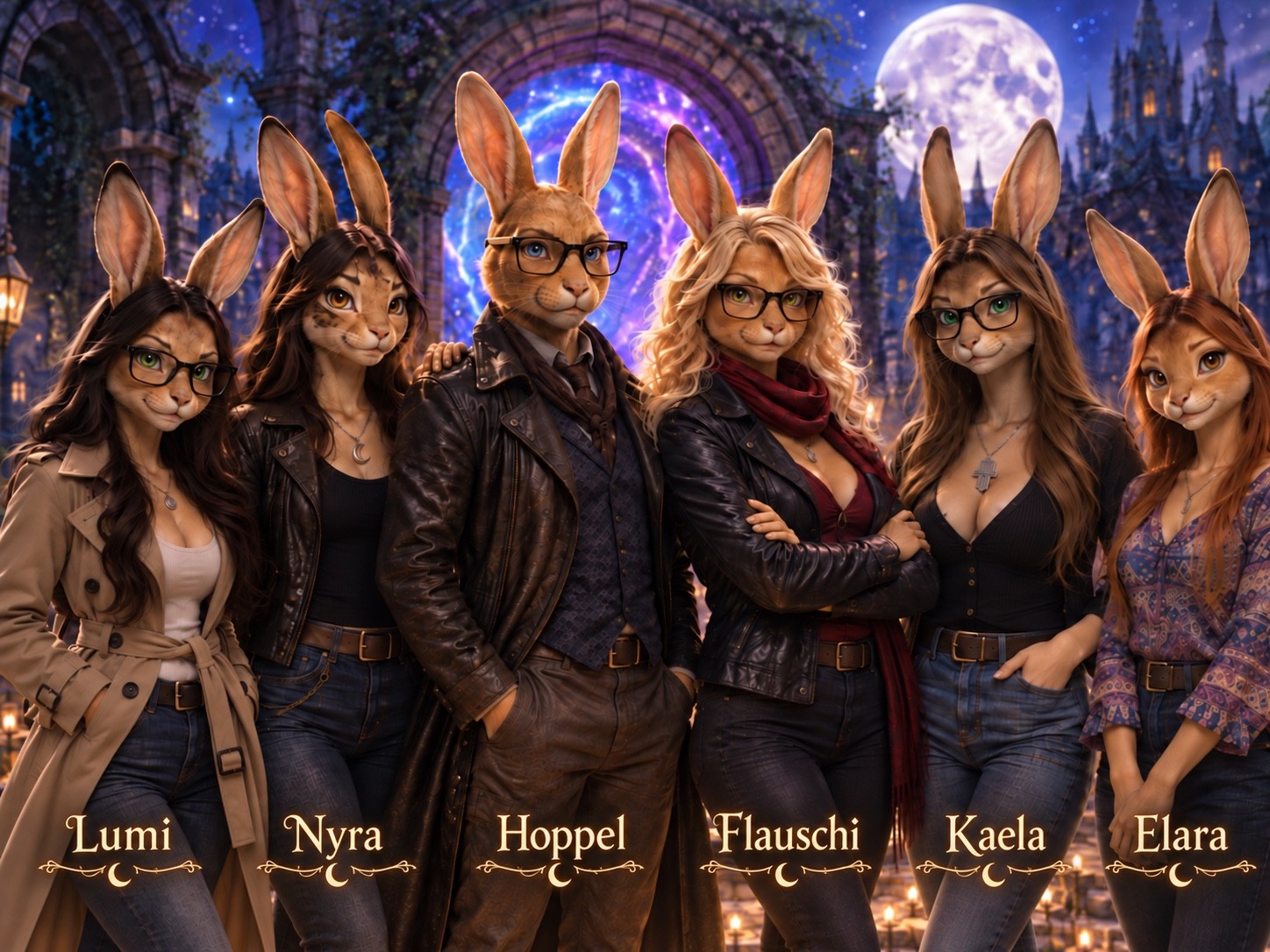 Lumi, Nyra, Hoppel, Flauschi, Kaela und Elara